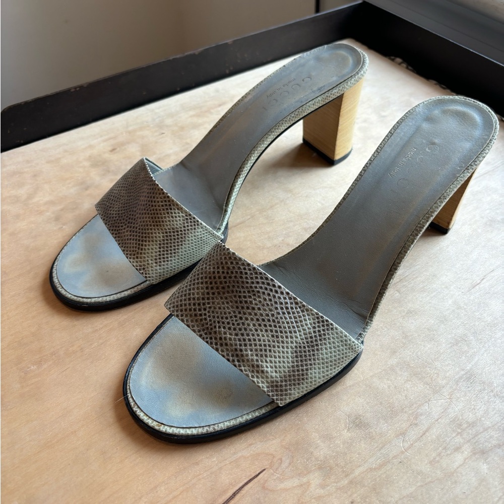 Vintage Gucci Python Embossed Wood Block Heel Sandals